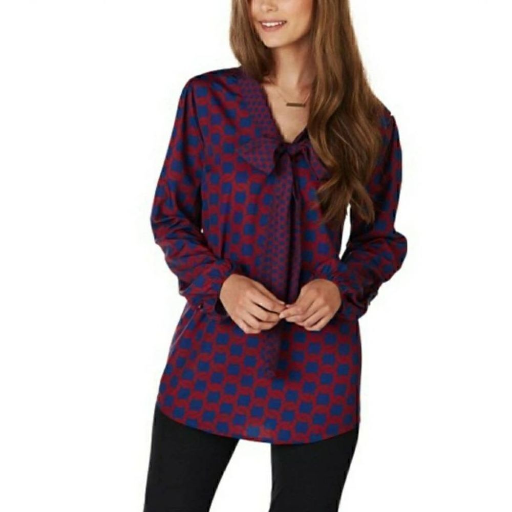 Mud Pie Navy Red Chain Belle Bow Tunic Blouse Top Size L (12-14)